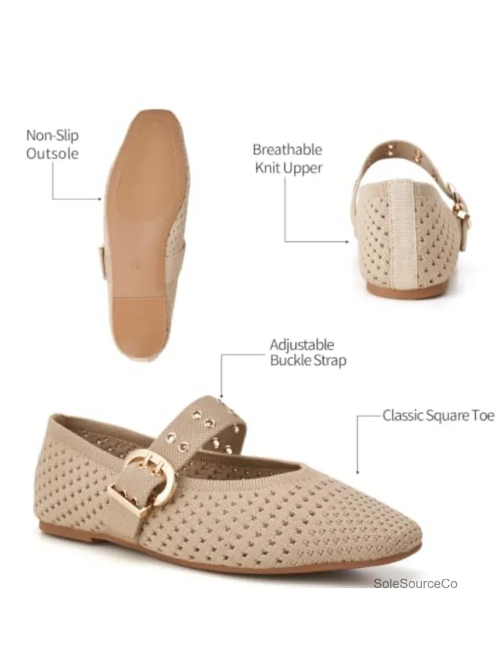 Women's Knit Flats Square Toe Mary Jane Shoes Adjustable Buckle Non-Slip